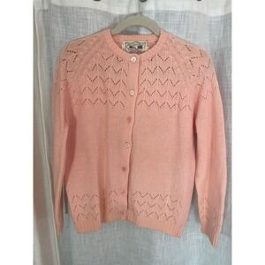Vintage Tally-Ho Hong Kong Wool‎ Blend Cardigan Sweater Pink Pointelle 1950s GUC